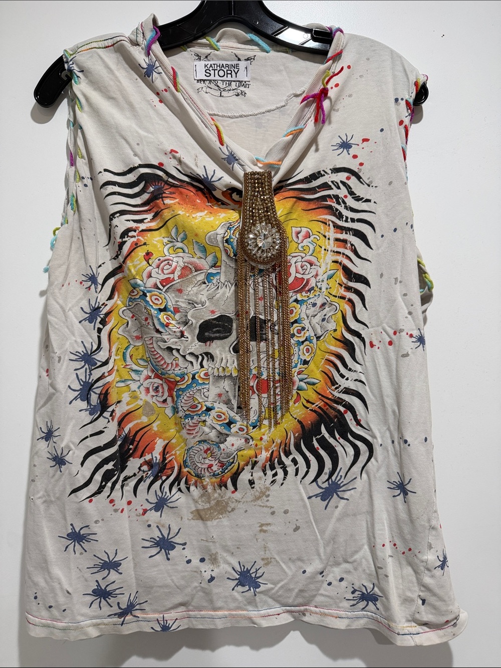 White Sleeveless Graphic Tank with Beaded Fringe